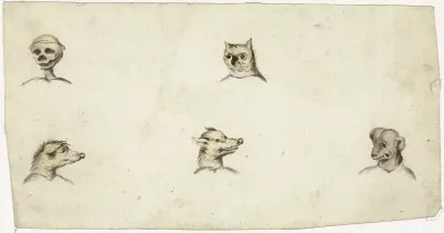 Hoofden van vier dieren en een skelet