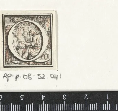 Hoofdletter O met beeltenis van een figuur en bijenkorven