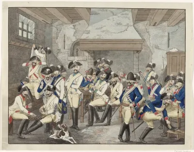 Hoofdwacht met 26 militairen van verschillende wapens in de uniform van 1787