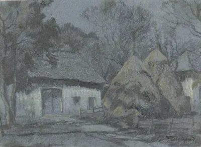 Hooibergen bij een boerenhuis bij maanlicht