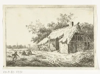 Hooimakende boer voor een boerderij "bij Ubbergen"