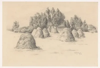Hooischelven voor een boerderij tussen bomen
