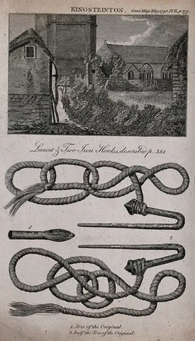 Hooks, ropes and a lancet used by Hindu ascetics for self-torture
