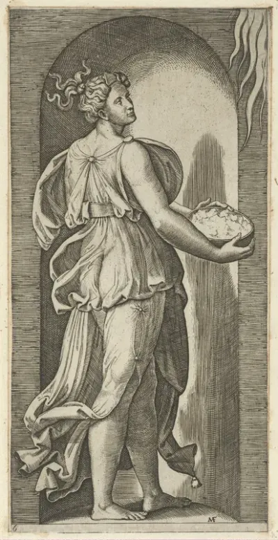 Hope personified as a woman standing in a niche facing right, holding a container of unleavened bread in both hands, from "The Virtues"