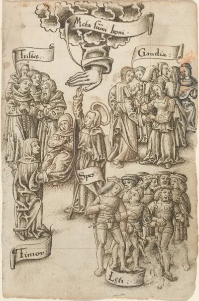 Hope, Reaching for Heaven, Stands among Sad and Happy Men, Joys, and Fear [fol. 19 recto]