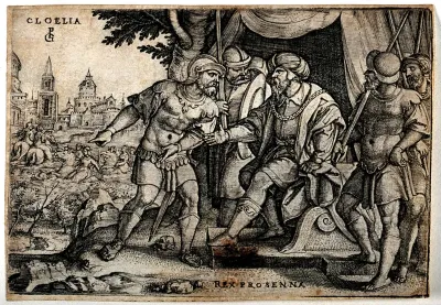 Horatius fighting off enemy soldiers to allow his soldiers to demolish the Sublician bridge