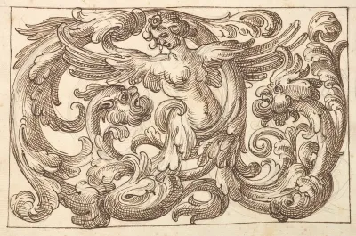 Horizontal Panel Design with a Female Figure and Two Fantastical Creatures Interspersed between Acanthus Rinceaux