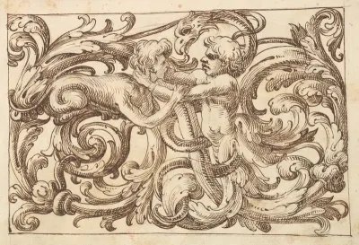 Horizontal Panel Design with a Man fighting a Sphinx and a Fantastical Creature Interspersed between Acanthus Rinceaux