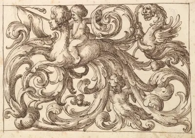 Horizontal Panel Design with a Sphinx, Two Putti and a Lionesque Fantastical Creature Interspersed Between Acanthus Rinceaux.