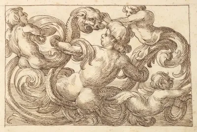 Horizontal Panel Design with Four Hybrid Male Figures and a Fantastical Creature Interspersed between Acanthus Rinceaux