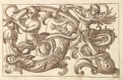Horizontal Panel Design with Two Male Figures and a Putto Interspersed between  Acanthus Rinceaux