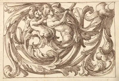 Horizontal Panel Design with Two Male Figures Playing Horns Interspersed between Acanthus Rinceaux