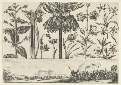 Horizontal Panel with a Row of Flowers Above a Frieze with a Battle Scene in a Landscape, from "Livre Nouveau de Fleurs Tres-Util"