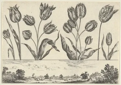 Horizontal Panel with a Row of Flowers Above a Frieze with a Hunting Scene in a Landscape, from "Livre Nouveau de Fleurs Tres-Util"
