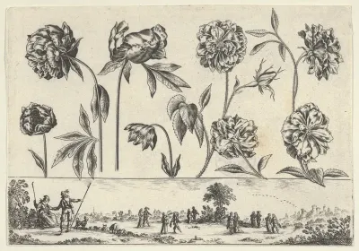 Horizontal Panel with a Row of Flowers Above a Frieze with Figures in a Landscape, from "Livre Nouveau de Fleurs Tres-Util"