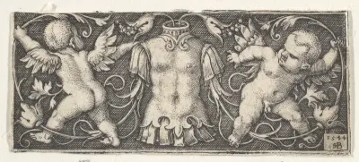 Horizontal Panel with Armor at Center, Flanked by Two Genii