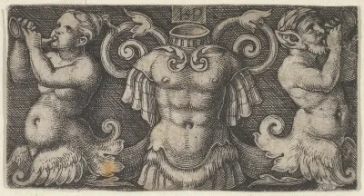 Horizontal Panel with Armour at Center, Flanked by Two Tritons Playing the Horn