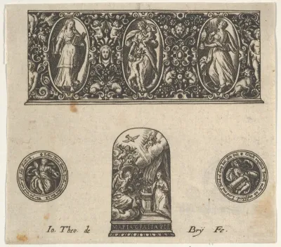 Horizontal Panel with Design for a Thimble with the Annuciation Below a Frieze with Three Figures in Ovals