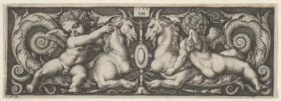 Horizontal Panel with Two Genii Riding on Two Chimeras
