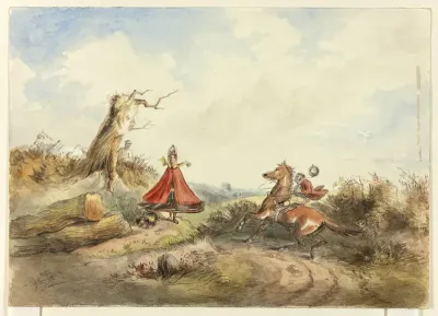 Horse with Rider Shying Away From Woman with Dog