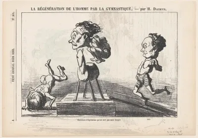 Horseback exercises not without hazards, from 'The regeneration of man through gymnastics,' published in Le Petit Journal pour Rire, November 4, 1865