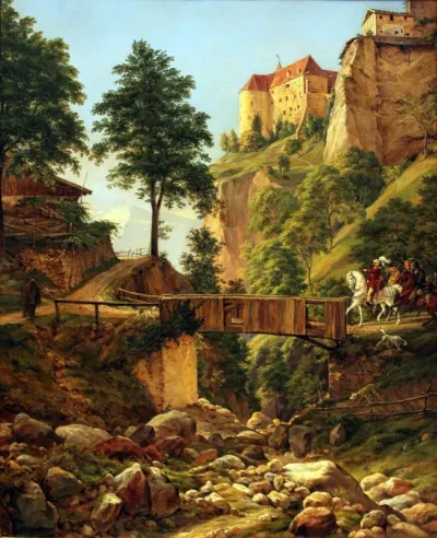 Horsemen in old-fashioned German costumes below castle Tyrol