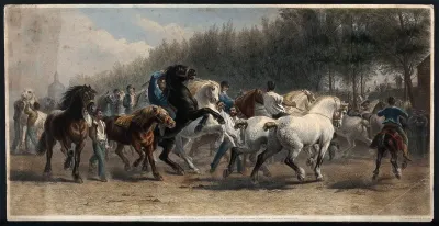 Horsemen leading a large number of horses in a ring for sale at a horse fair