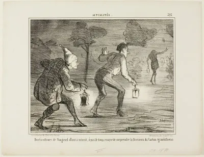 Horticulturists of Nanterre tiptoeing at midnight towards the cactus grandiflorus in order to surprise it in its blossoming, plate 323 from Actualités