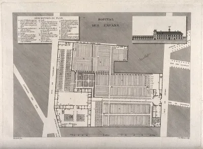 Hospital for Sick Children, Paris: facade and floor and street plans