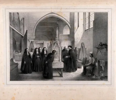 Hospital of Saint John, Bruges: Hans Memlinc watches as the officers of the hospital inspect his chasse of Saint Ursula