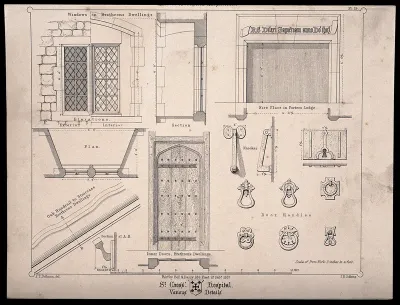 Hospital of St. Cross, Winchester, Hampshire: architectural details. Transfer lithograph by J.R. Jobbins, 1857, after F.T. Dollman