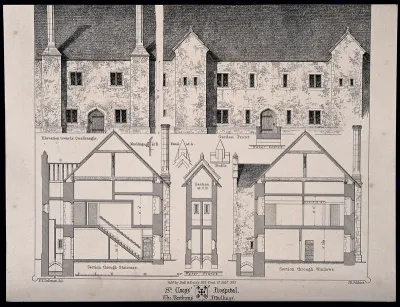 Hospital of St. Cross, Winchester, Hampshire: dwellings of the bretheren, facade and floor plans. Transfer lithograph by J.R. Jobbins, 1857, after F.T. Dollman
