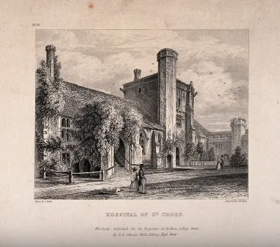 Hospital of St. Cross, Winchester, Hampshire. Etching by J. Le Keux after O. Carter