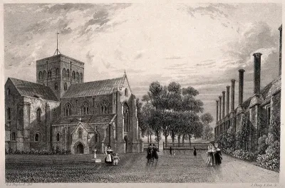 Hospital of St. Cross, Winchester, Hampshire. Etching by J. Shury & Son after G.S. Shepherd