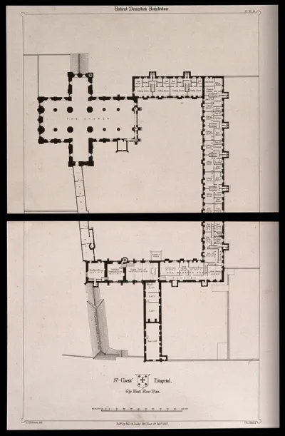 Hospital of St. Cross, Winchester, Hampshire: floor plan of the first floor. Transfer lithograph by J.R. Jobbins, 1857, after F.T. Dollman