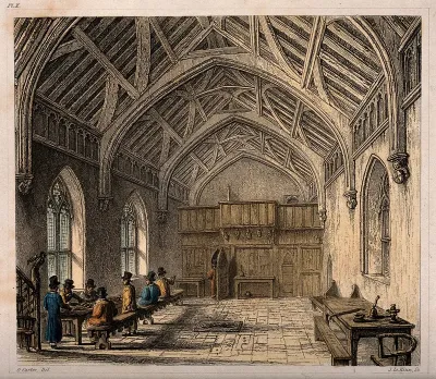 Hospital of St. Cross, Winchester, Hampshire: hall. Coloured etching by J. Le Keux after O. Carter