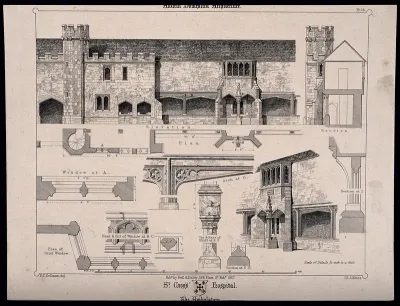 Hospital of St. Cross, Winchester, Hampshire: the ambulatory, and architectural details. Transfer lithograph by J.R. Jobbins, 1857, after F.T. Dollman