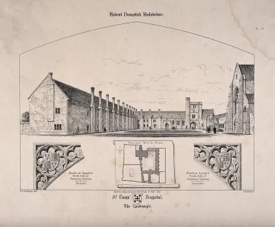 Hospital of St. Cross, Winchester, Hampshire: the quadrangle and floor plan and architectural details. Transfer lithograph by J.R. Jobbins, 1857, after F.T. Dollman
