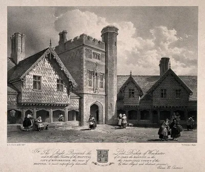 Hospital of St. John the Baptist, Winchester, Hampshire: women in the courtyard. Lithograph after O.B. Carter after himself