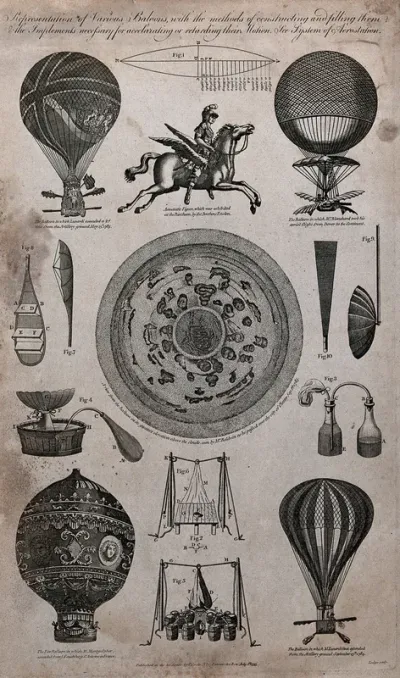Hot-air balloons with some extra equipment, and a winged horse with a rider