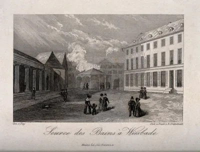 Hot Baths, Wiesbaden: figures strolling at the source