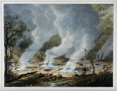 Hot mud wells in the crater of the volcano Papandayan, Java