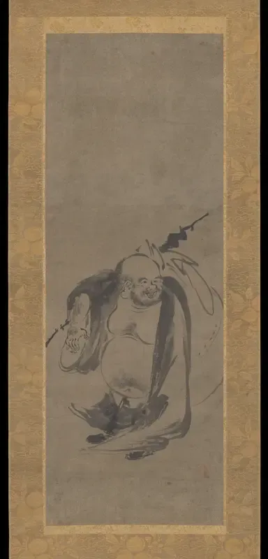 Hotei, flanked by panels of birds