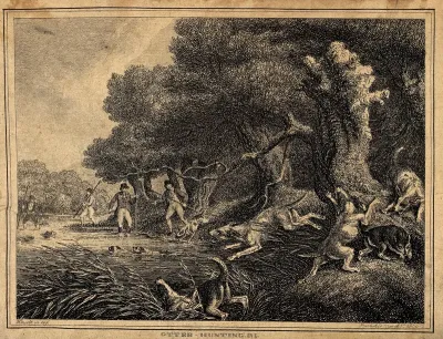 Hounds chasing otters into the reach of men holding spears in a river