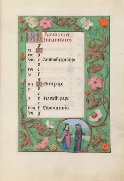 Hours of Queen Isabella the Catholic, Queen of Spain: Fol. 5r, April   Squire and Damsel