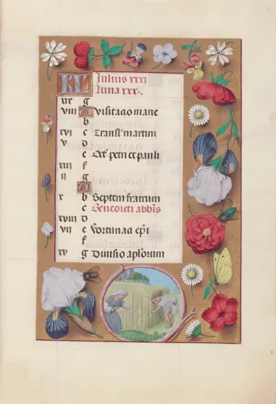 Hours of Queen Isabella the Catholic, Queen of Spain: Fol. 8r, July   Harvesting Wheat