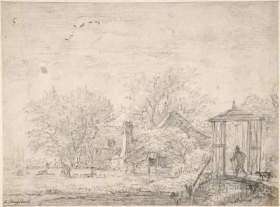 House among Trees, at Right Man and Dog on a Footbridge