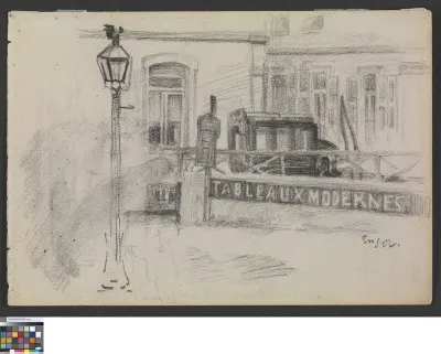 Houses, a street lamp and a carriage