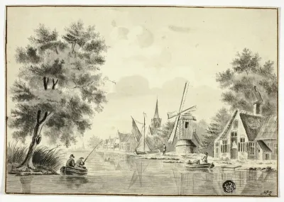 Houses and Windmill Beside Canal