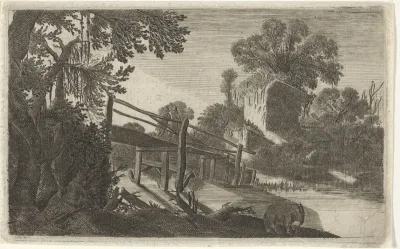 Houten brug bij een ruïne